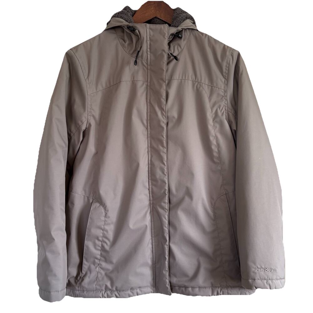 L.L. Bean Winter Warmer Jacket Tan Women's Petite Med Nylon Fleece Lined Hooded